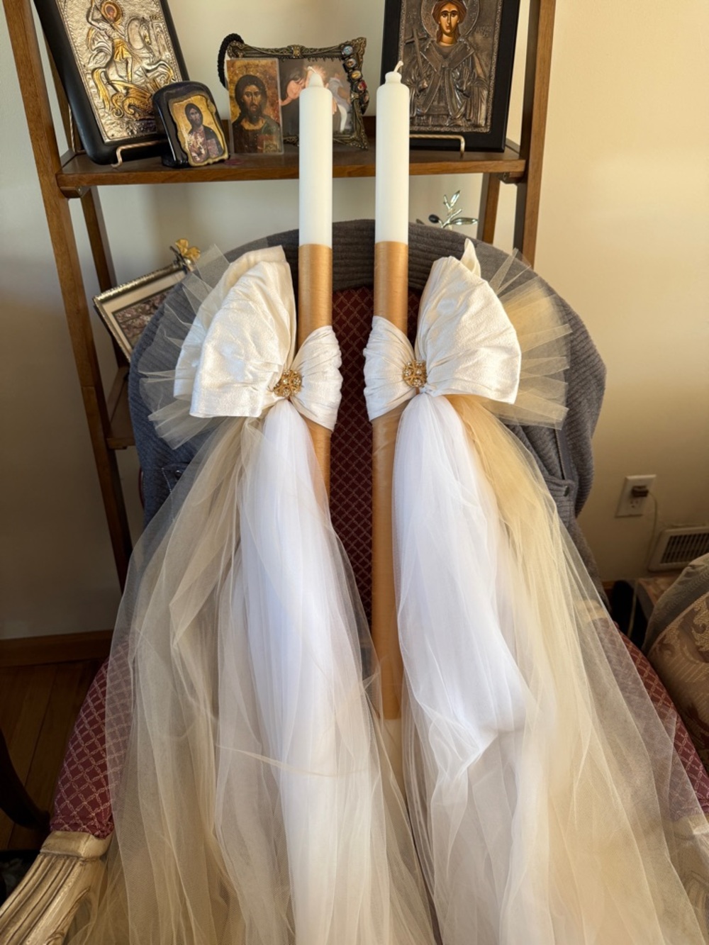 Handmade Decorative Ceremony Candles with White and Gold Tulle Bows